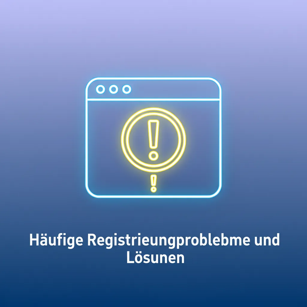 Infografik: Häufige Registrierungsprobleme und Lösungen – E‑Mail, SMS‑Code, E‑Mail vergeben, KYC, App‑Installation.