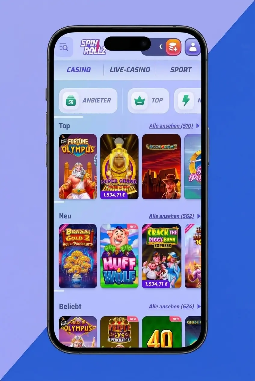 Spinrollz Slots Lobby und erster Spin