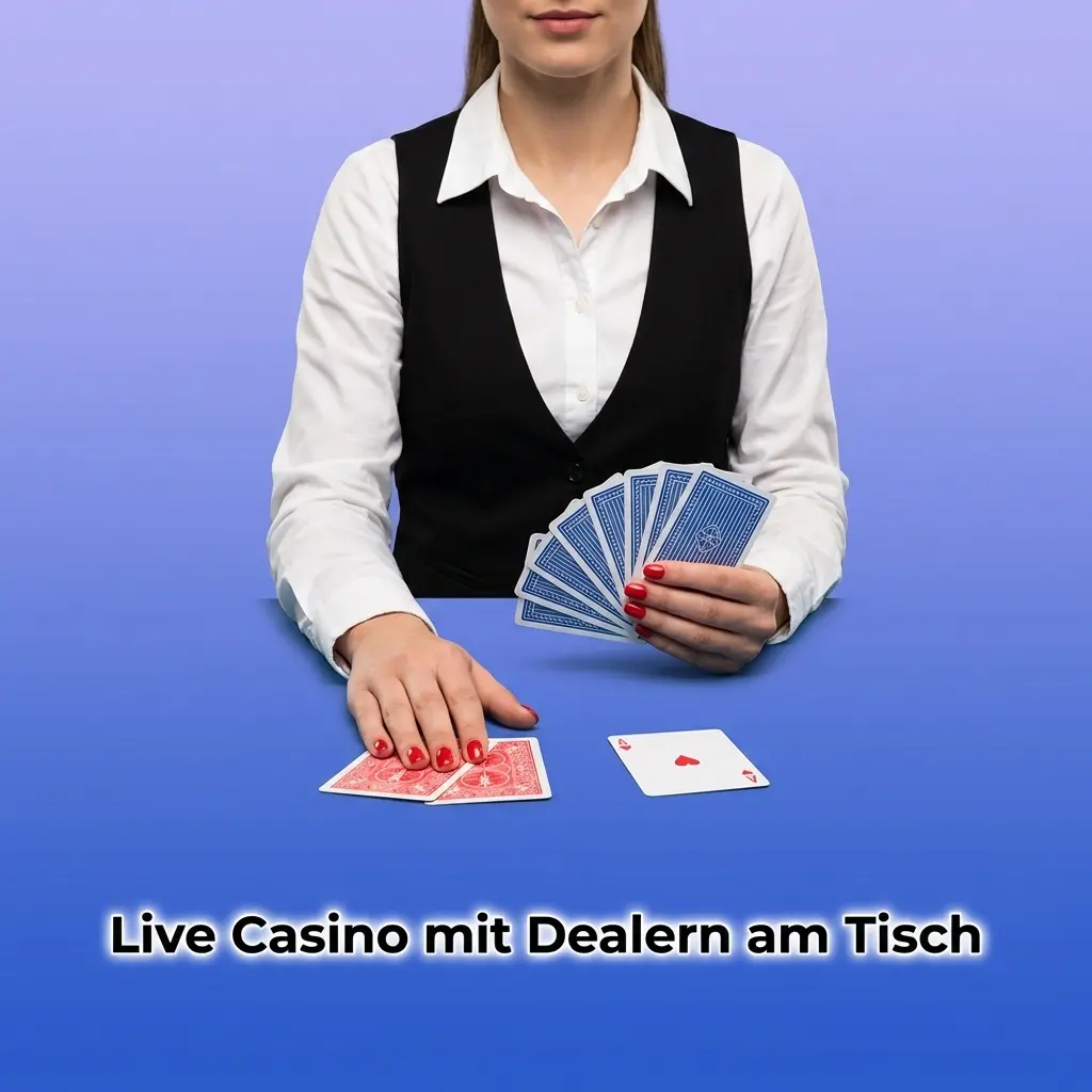 Live Casino Tisch mit Dealer, Karten und Roulette Kessel