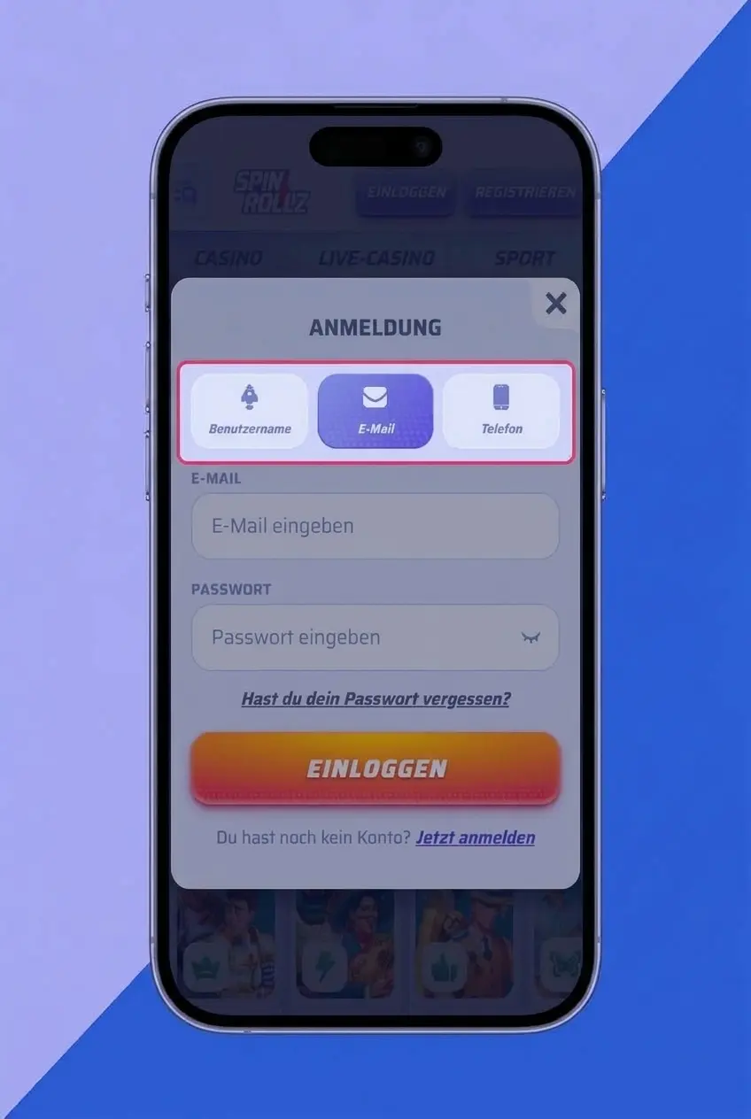 Spinrollz Kontoanmeldung auf Desktop und Smartphone